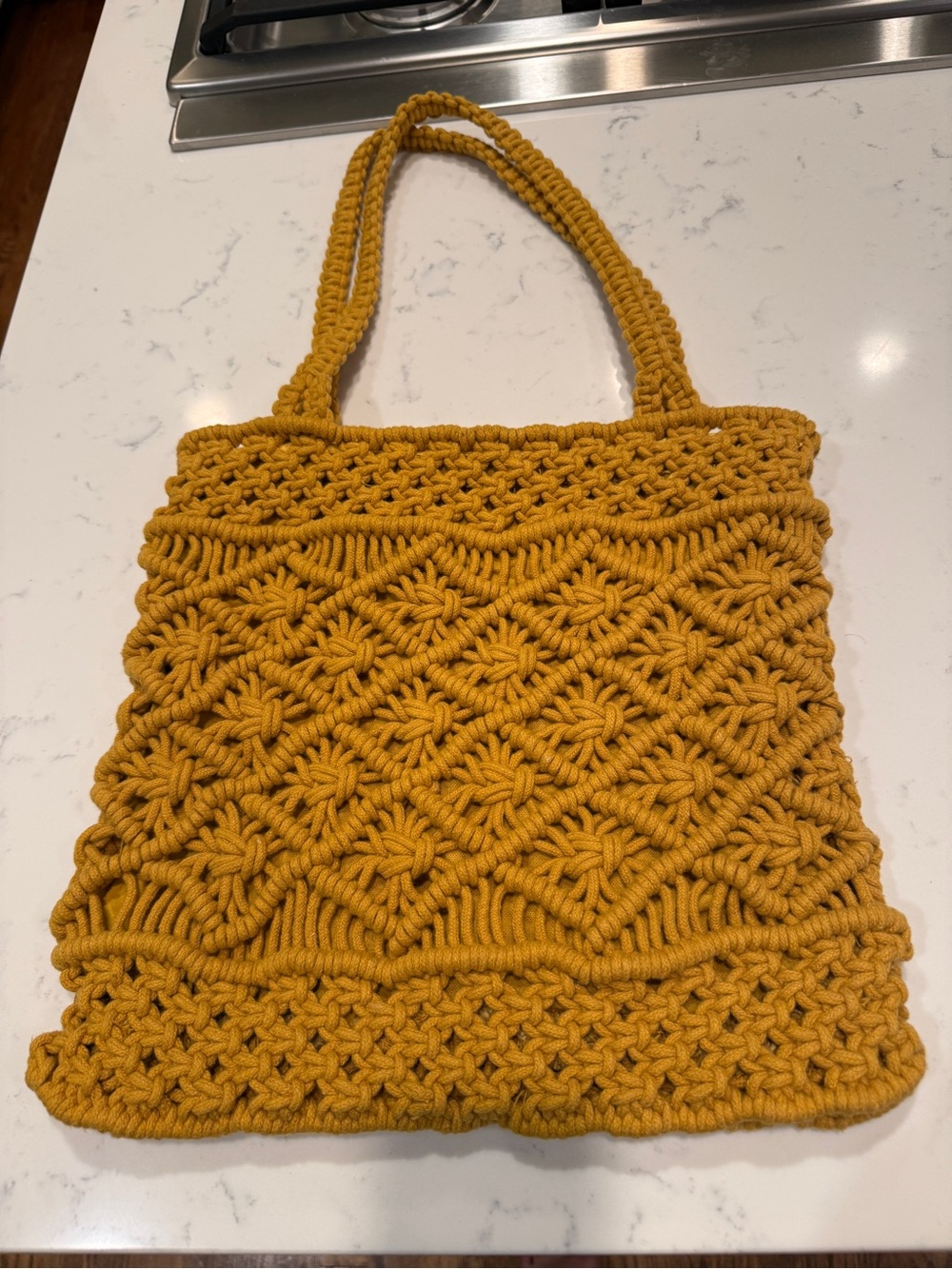Handmade Macramé Tote Bag Mustard Boho Woven Shoulder Purse Zip Top Lined - Picture 3 of 10